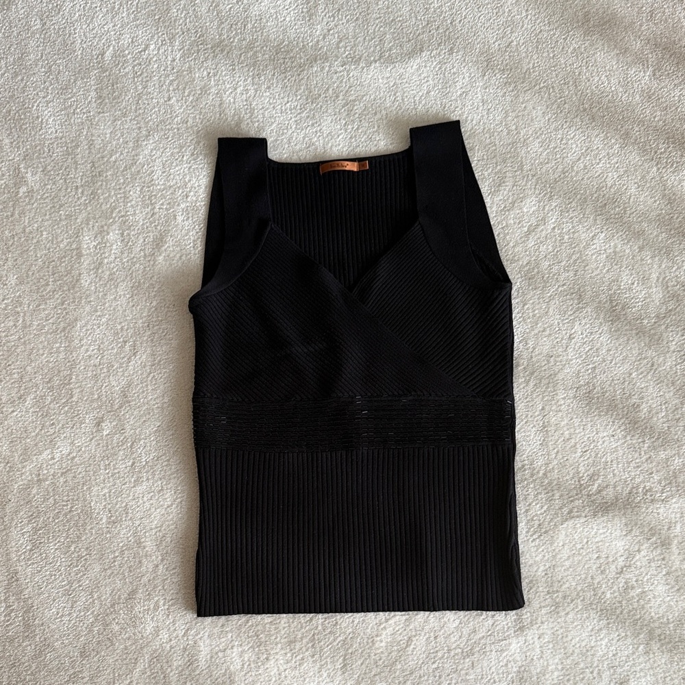 Vintage Black Ribbed Knit Tank top embellished with black tube beads
